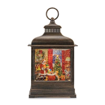 LED Lighted Lantern Snow Globe with Santa and Puppy Scene - 11" - Bronze and Red