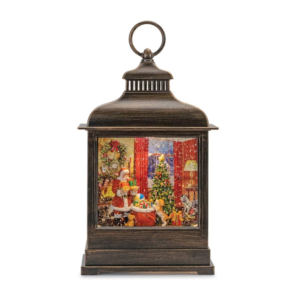 LED Lighted Lantern Snow Globe with Santa and Puppy Scene - 11" - Bronze and Red