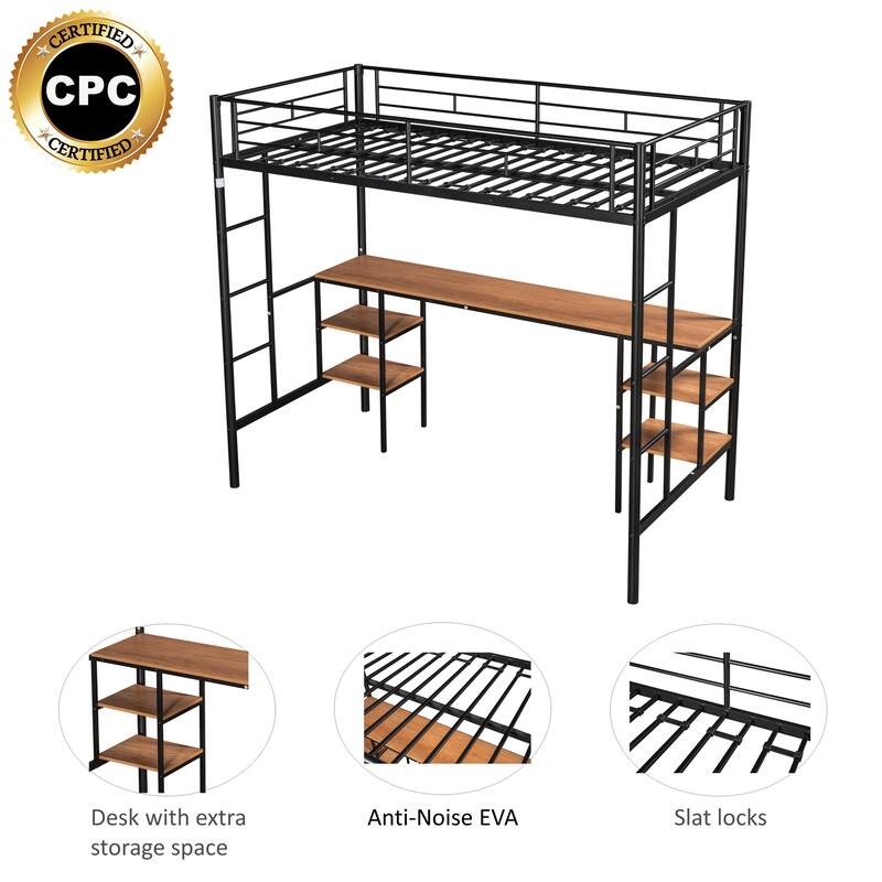 Twin Loft Bed w/ Table & Shelves - Heavy-Duty Metal, Noise Reduced, Safety Guardrail, 2 Ladders, CPC Certified