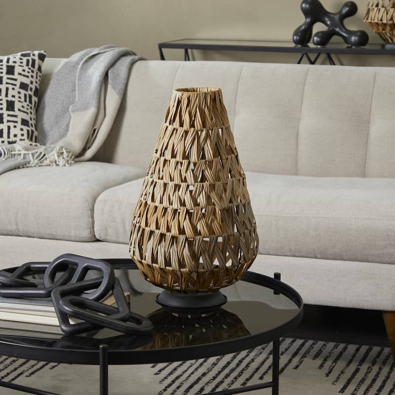 Plastic Rattan Handmade Decorative Indoor Outdoor Candle Lantern with Wrapped Zig Zag Design - Light Brown - Roche River Decor