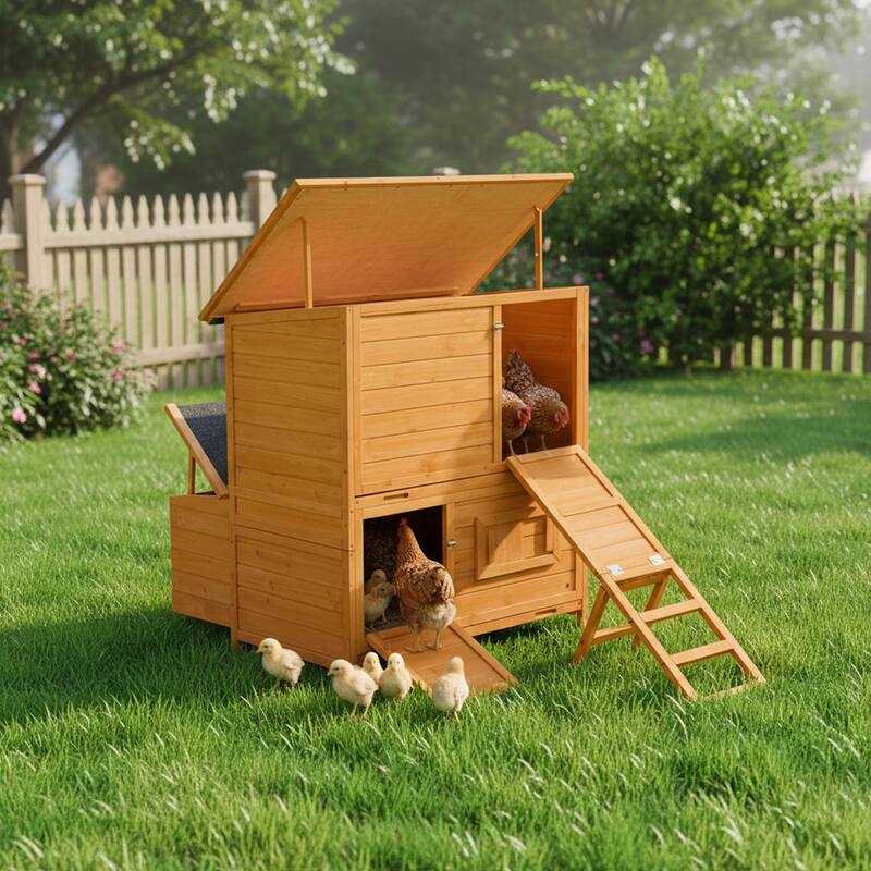 Chicken Coop, Double-House Wooden Chicken Coop For 6-8 Chickens With 3 Nesting Boxes And 2 Pull-Out Trays, A Foldable Ramp