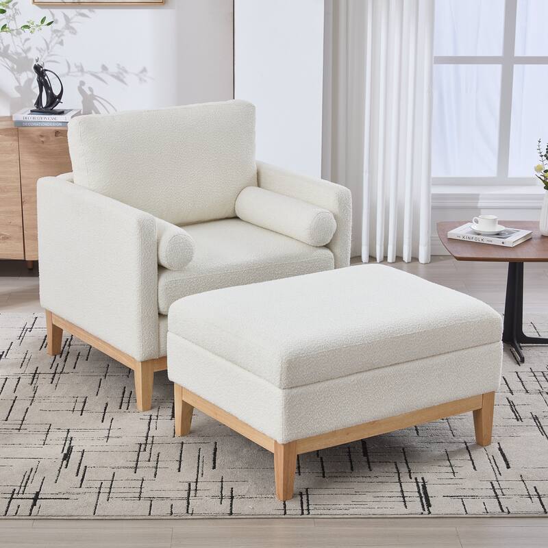 Upholstered Wood Base Square Accent Arm Chair with Ottoman - Ivory+Natural