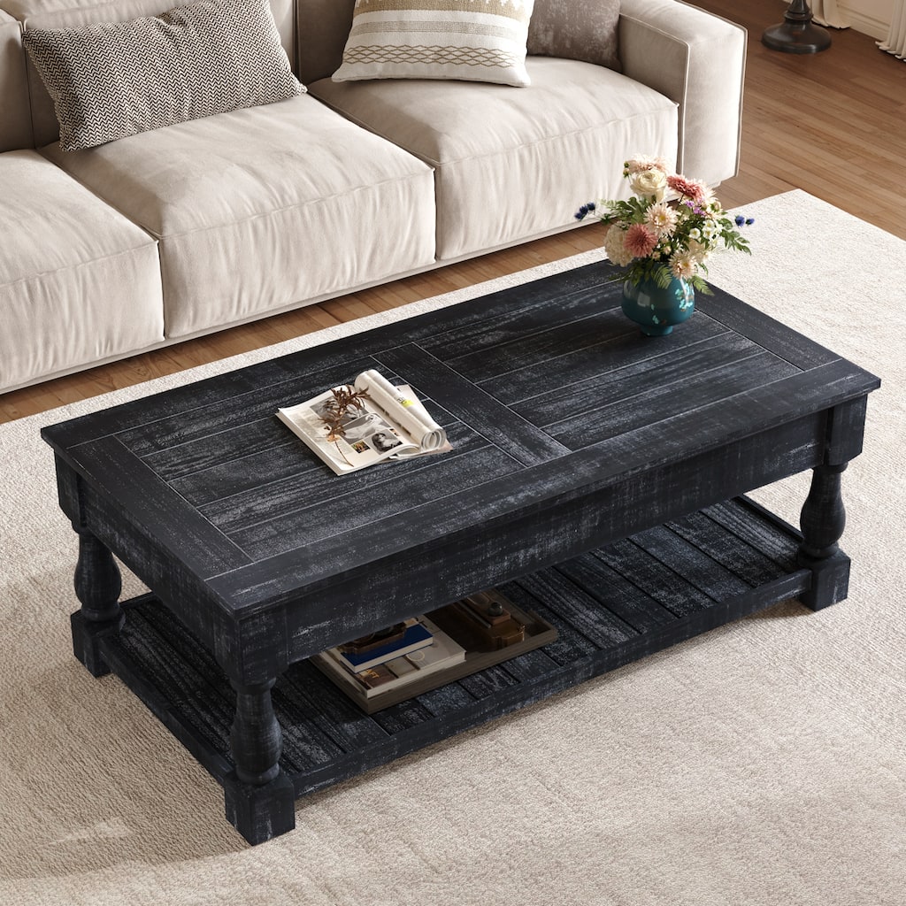 Farmhouse Lift Top Coffee Table with Fixed Shelf - 3 Hidden Storage Trays, Handsomely Crafted in Weathered Black Finish