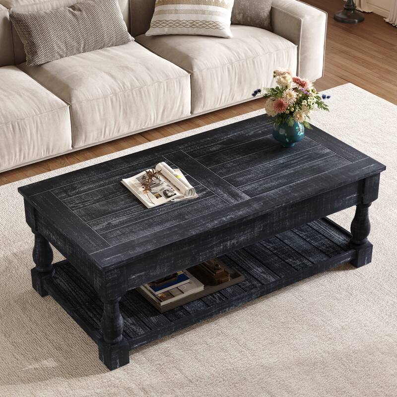 Retro Lift-Top Coffee Table with Hidden Compartment & Lower Storage Shelf for Living Room - Black