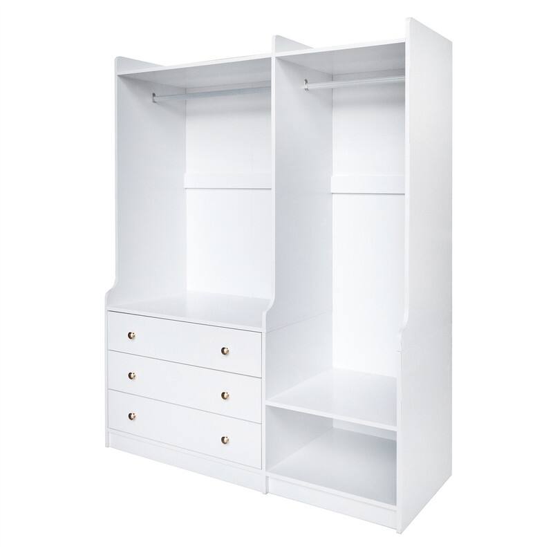 Open Style Wardrobe Closet with 3 Large Storage Drawers and Hanging Rods, Modern Armoire Clothing Organizer with Storage Shelves