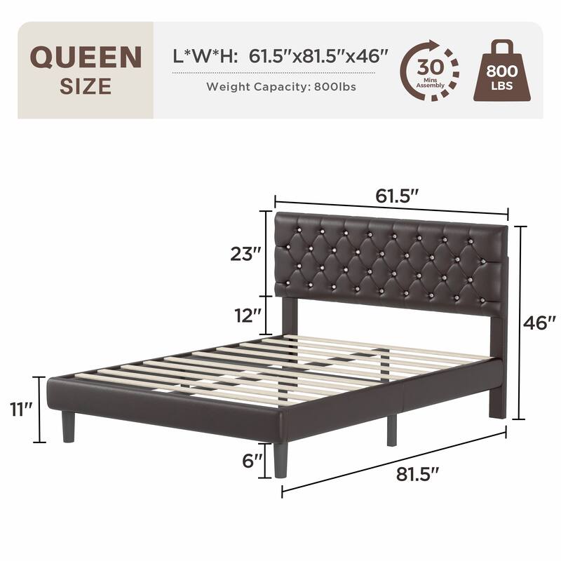 Brown Platform Bed Frame with Diamond Tufted Adjustable Headboard, No Noise, 800 lbs Capacity