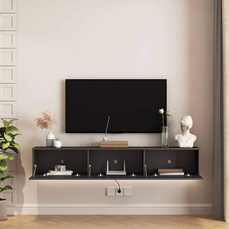 Modern Wall Mounted LED TV Stand with Power Outlet, , Floating Media Cabinet TV Console Entertainment Center for 65" TV