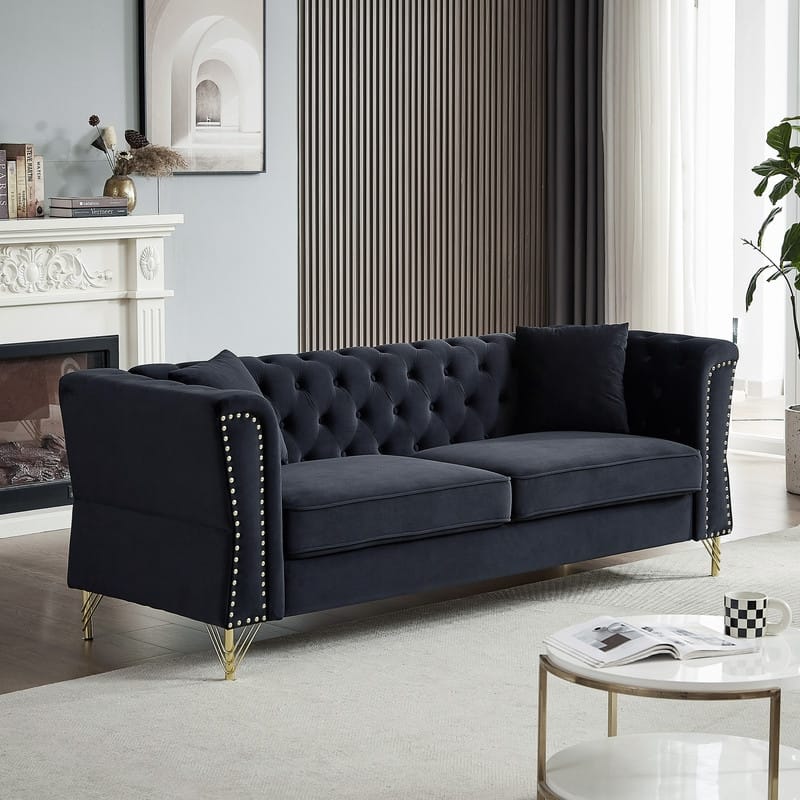 Modern Living Room Chesterfield Sofa,Tufted Couch with Metal Foot and Nailhead,Two Pillows - 3 Seaters - Black
