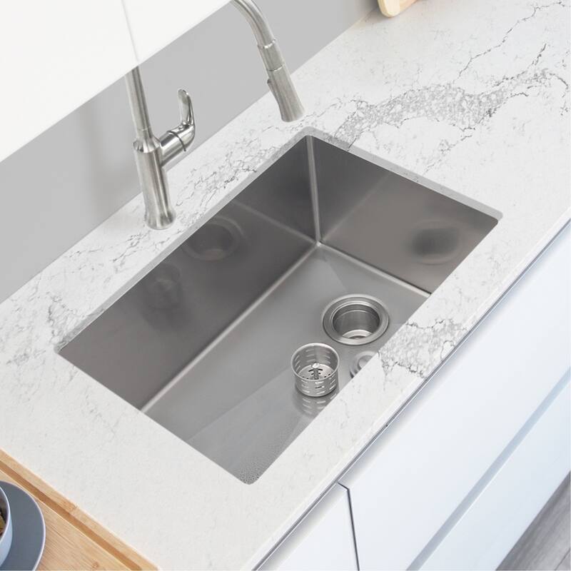 AZUNI 28 inches L x 18 inches W Single Bowl Undermount 16G Reversible Kitchen Sink with Grid and Basket Strainer C128