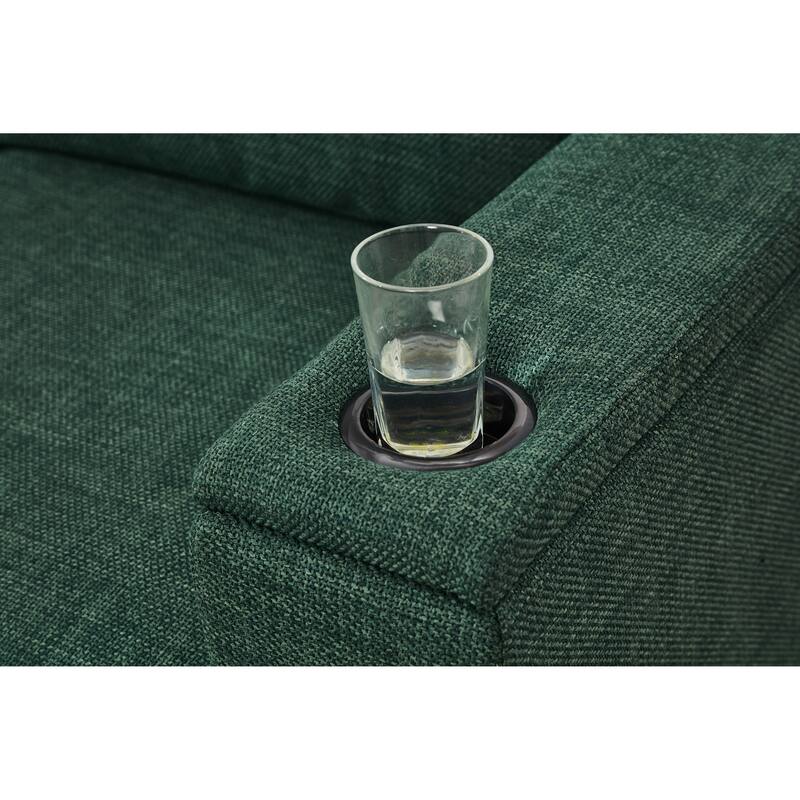 Fabric Upholstered 3 Seater Sofa, Lounge Sofa with Square Arm, Oversized Deep Seat Sofa with Storage & Cup Holders