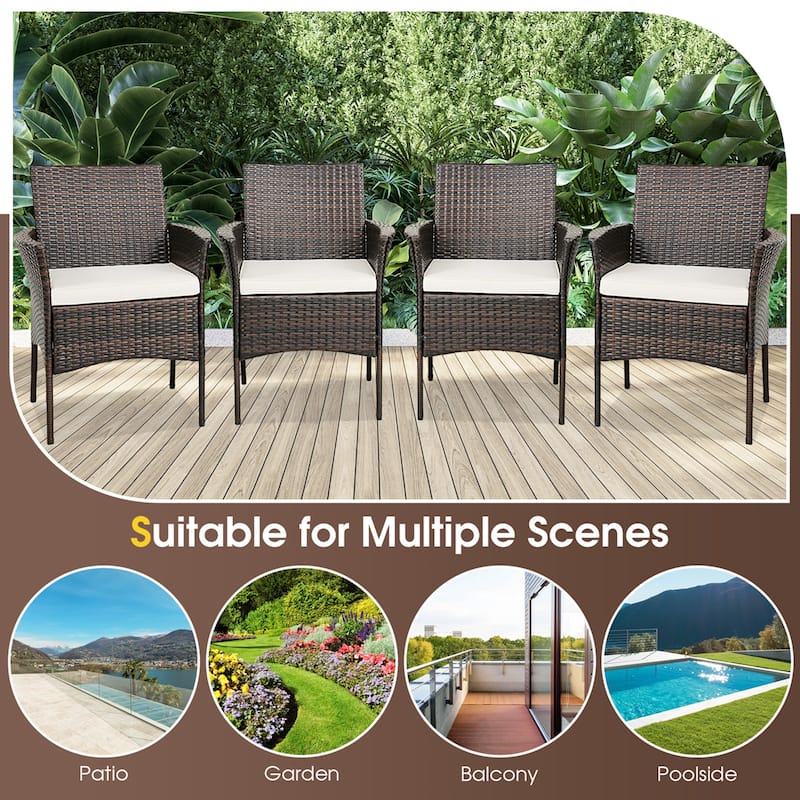 Set of 4 Patio Rattan Dining Chairs Cushioned Seat Curved Armrests