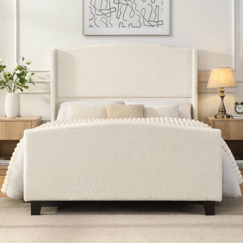 49.21"High Back Upholstered Headboard Teddy Velvet Bed Frame - White - Full