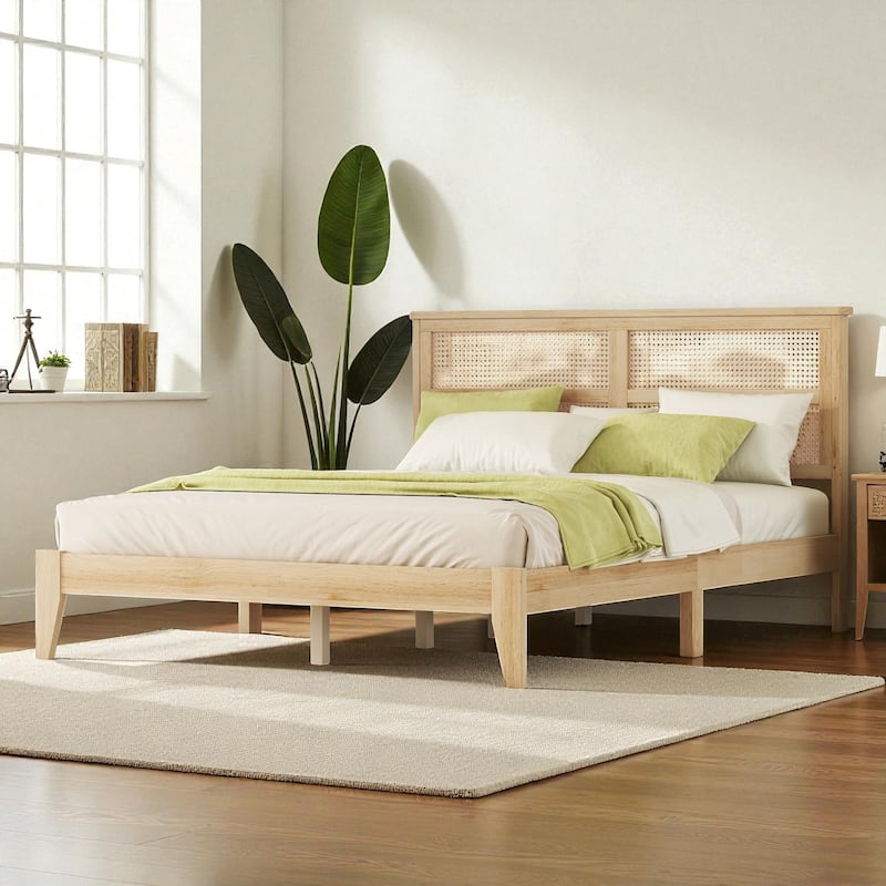 Queen Size Solid Rubber Wood Bed with Rattan Headboard, Durable Frame with Central Support Feet and Under-Bed Storage