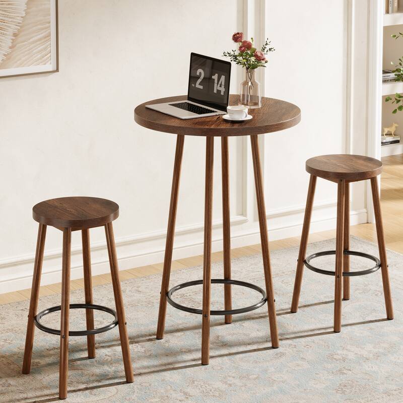 Industrial Pub Table Set 23.6" Round, 2 Stools, Small Bar Height for Kitchen Dining Living Room - Brown