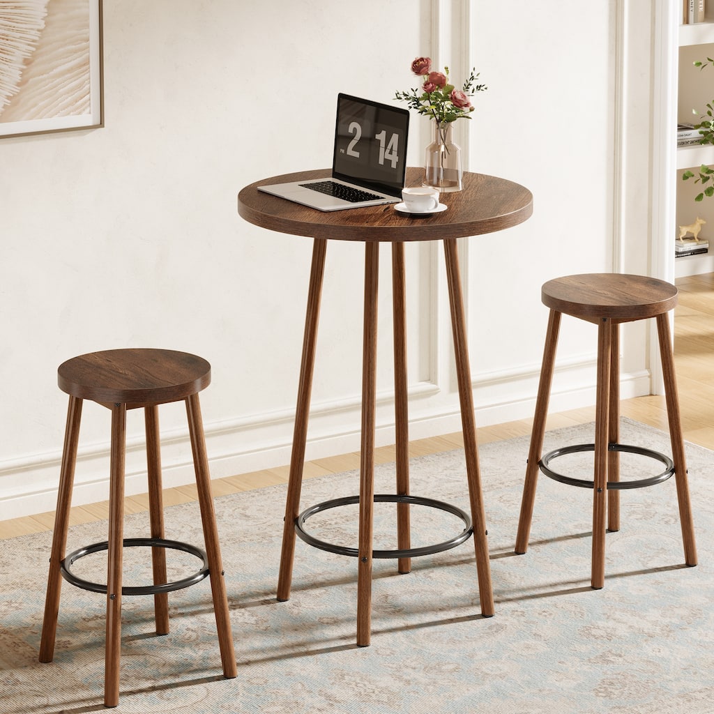 Industrial Pub Table Set 23.6" Round, 2 Stools, Small Bar Height for Kitchen Dining Living Room