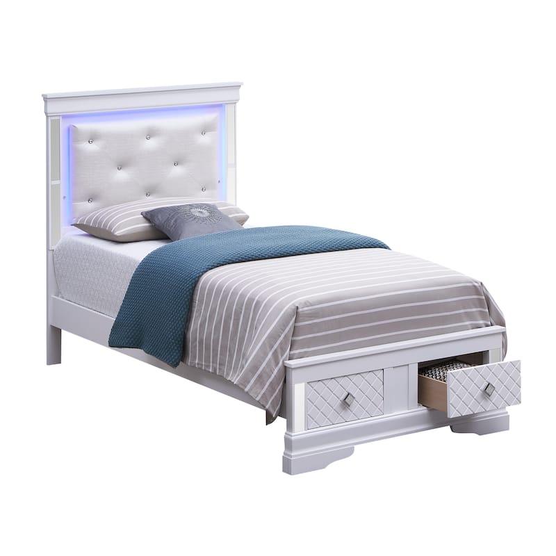 Silver Champagne Twin Bed with LED Headboard and Wood-Embossed Finish