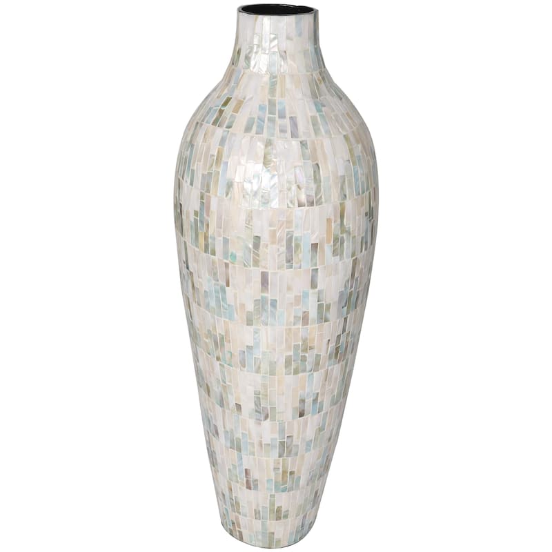 Mother of Pearl Shell Handmade Mosaic Inspired Decorative Vase with Pastel Blue and Pink Accents - White - Roche River Decor - White