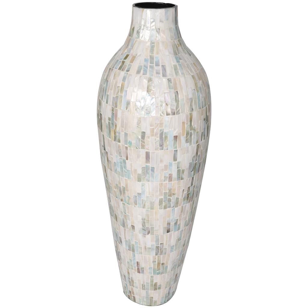 Mother of Pearl Shell Handmade Mosaic Inspired Decorative Vase with Pastel Blue and Pink Accents - White - Roche River Decor