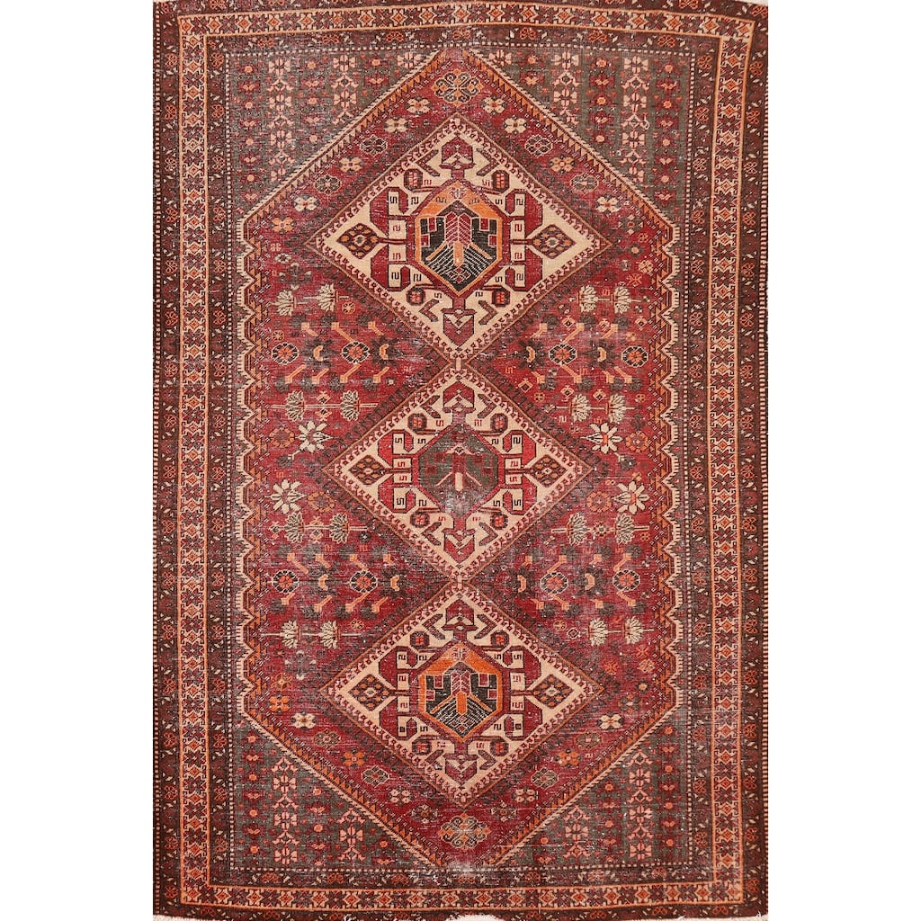 Tribal Red Bakhtiari Persian Vintage Area Rug Handmade Wool Carpet - 6'7"x 10'2"