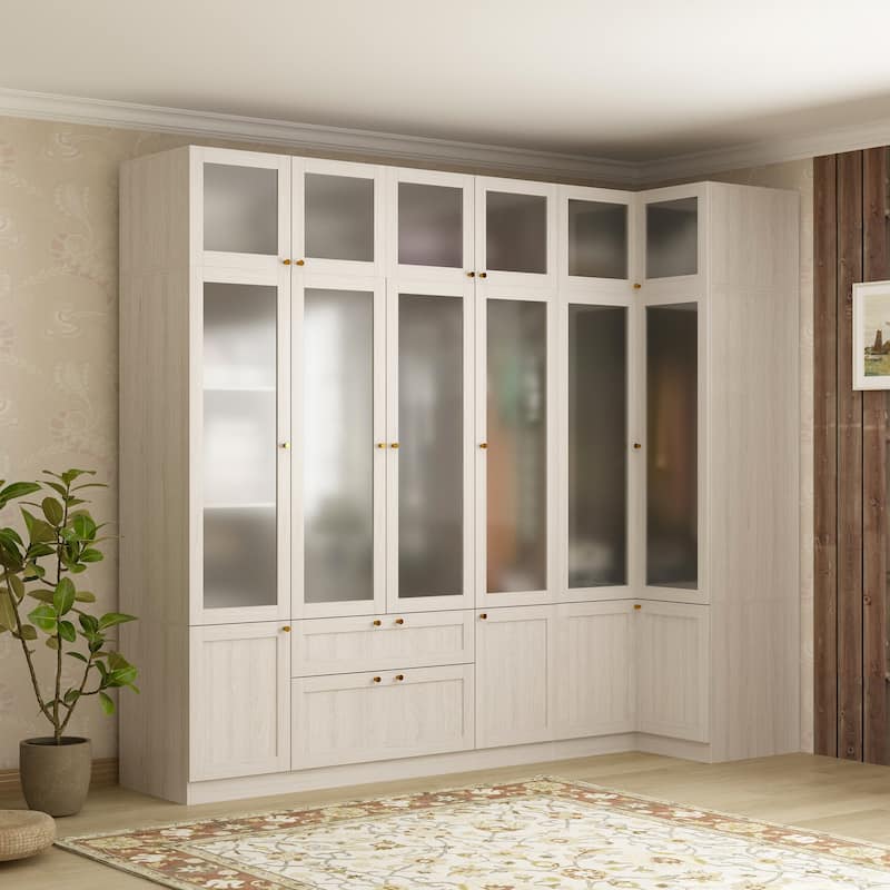 Modular Modern Glass Door Wardrobe:Storage Closet Solution Armoire - 98.4x86.6Inch(Corner)