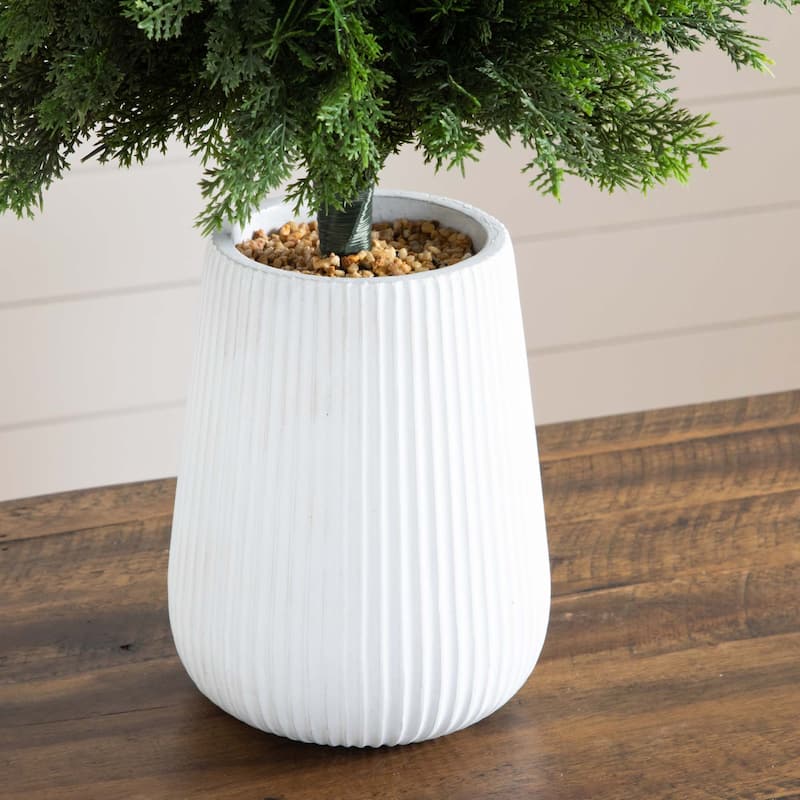 Cedar Artificial Tree with White Grooved Planter - 3'