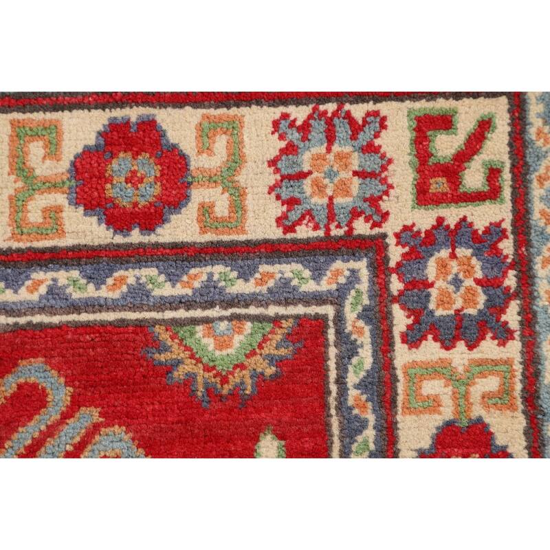 Geometric Red Kazak Foyer Rug Hand-Knotted Oriental Wool Carpet - 2'7" x 4'3"