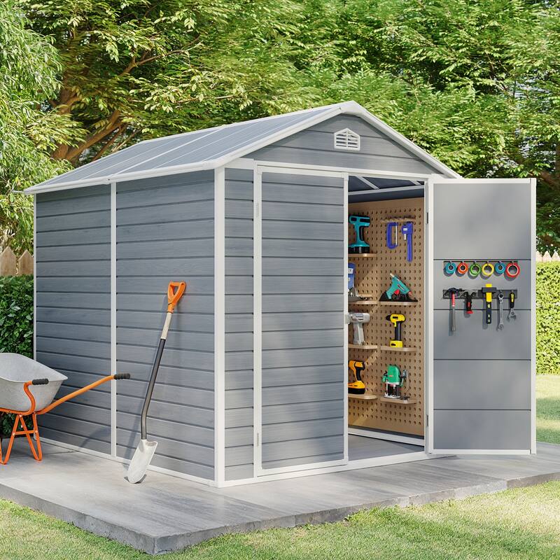 5x3 / 6x4 / 8x6 FT Outdoor Storage Shed with Floor, Resin Garden Tool Shed with Lockable Doors, Waterproof Plastic Storage Sheds