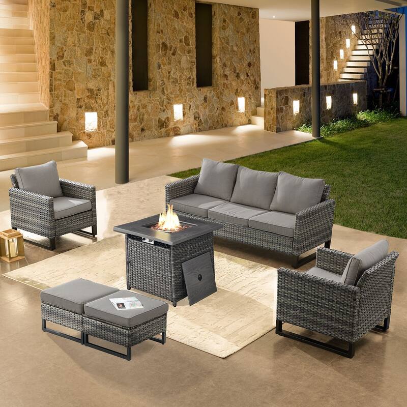 Pati Sofa with Fire Pit Table and Club Chairs - Grey - Grey