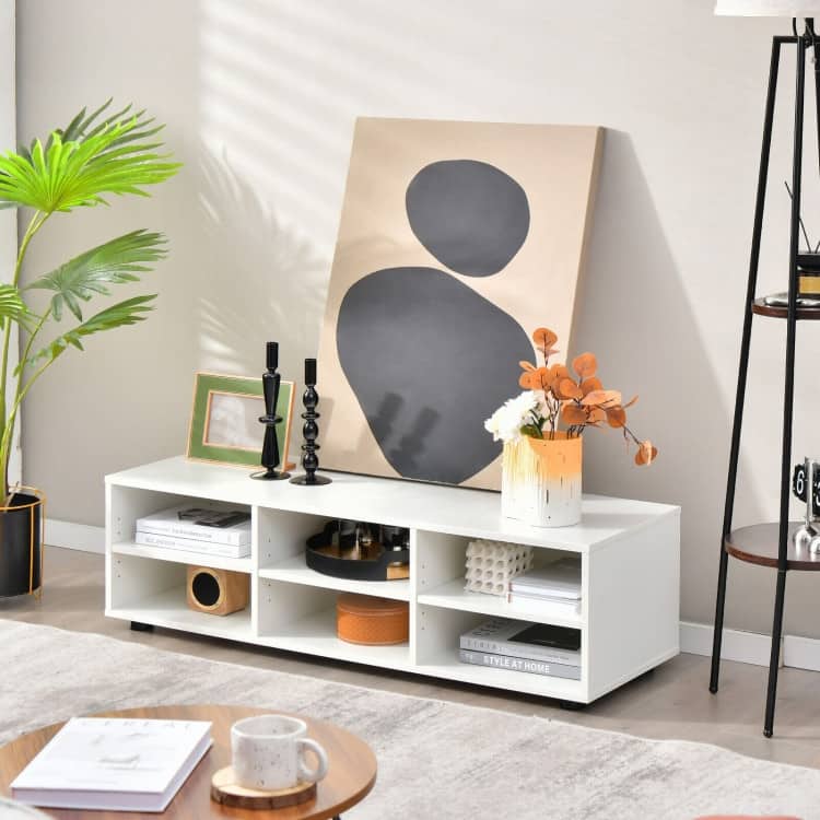 Wood TV Stand for TVs up to 55 Inches with 6 Storage Cubbies-White - 45.5 x 15.5 x 14 inch (L x W x H)