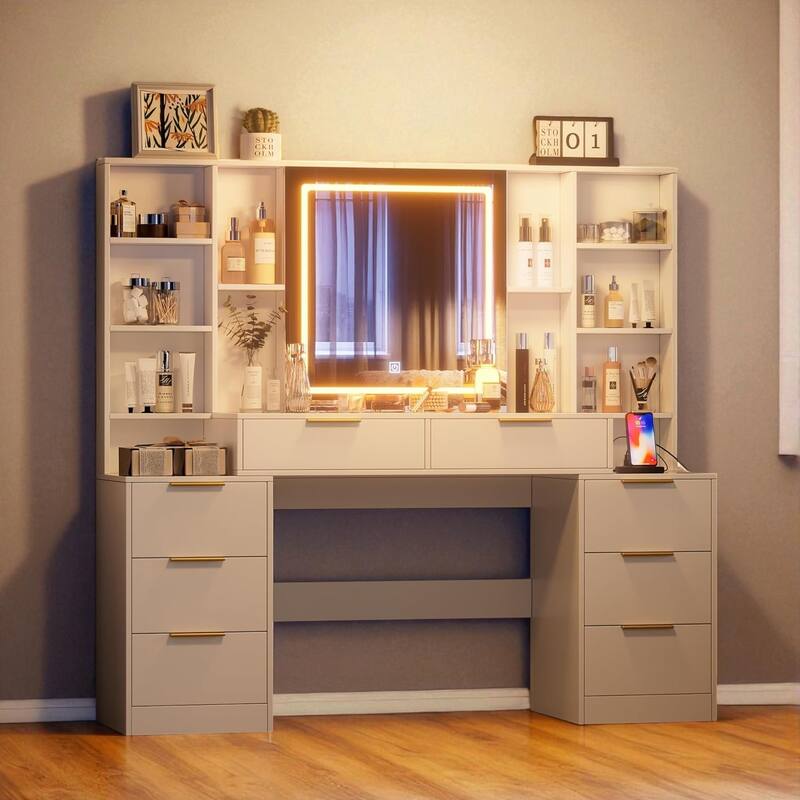 59" Makeup Vanity Desk with Mirror & Lights, Large Dressing Table with 8 Drawers, Open Shelves & Adjustable LED for Bedroom