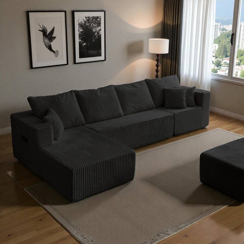 133.86" Cloud Modular U-Shaped Sectional Sofa with Ottoman, Deep-Seat Corded Fabric Couch for Living Room, No Assembly