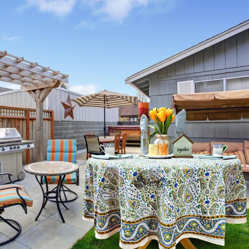 Block Print Cotton Paisley Floral Tablecloth Round Square