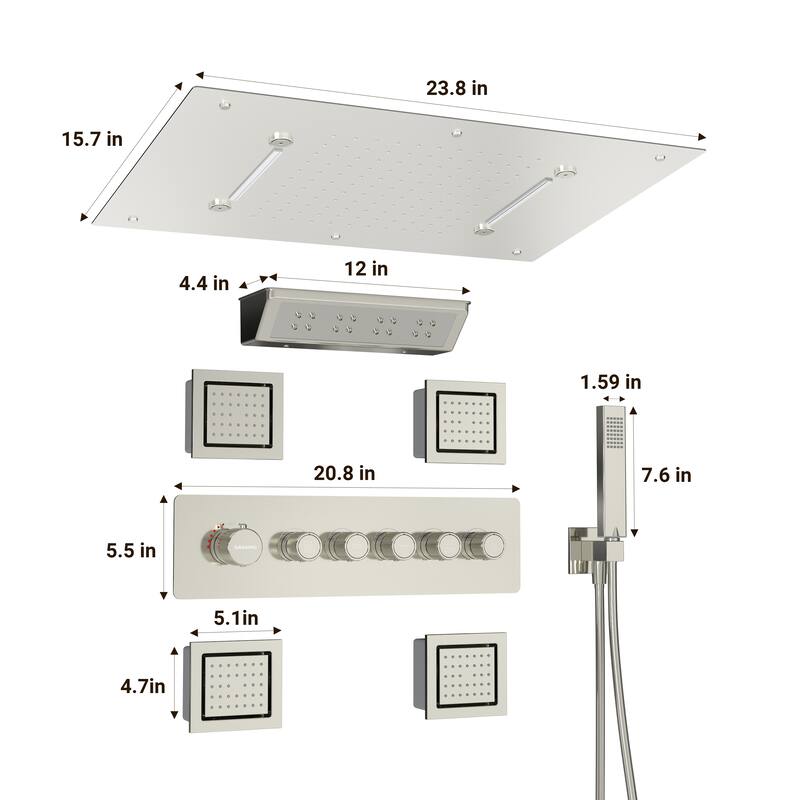 5-Spray Thermostatic Shower System, Luxury Anti-Scald 16 in. Fixed and Handheld Shower Head with Body Jets, Valve Included
