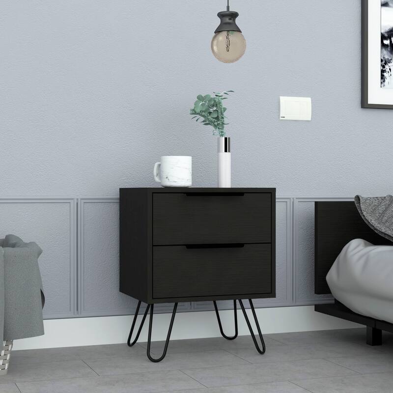 Modern 2-Drawer Nightstand with Hairpin Legs, Black Finish, Compact and Functional Design - Black