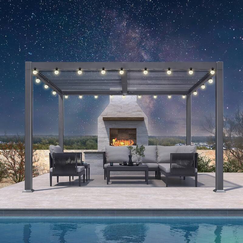 PURPLE LEAF Sun Shade Louvered Pergola with Light - Adjustable Metal Roof for Outdoor Patio - 10' x 12' - Grey(With Light)