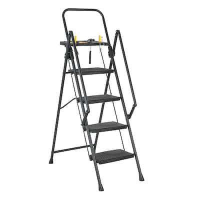 Black Folding 4 Step Stool with Non-Slip Wide Pedals