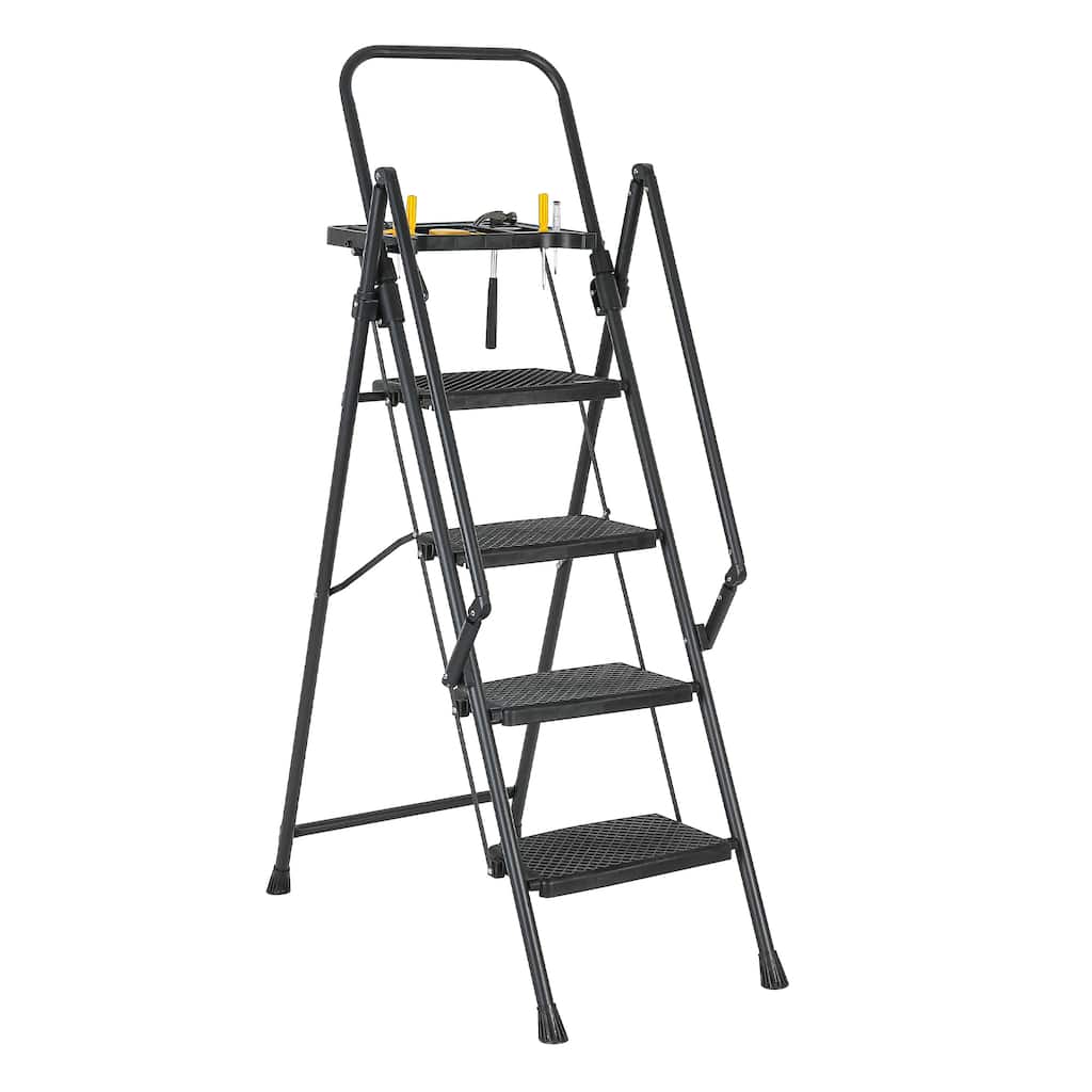 Black Folding 4 Step Stool with Non-Slip Wide Pedals