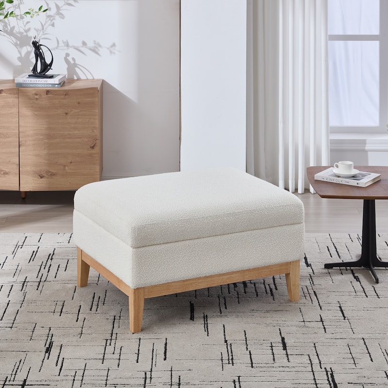 Roomfitters Storage Ottoman, Boucle Coffee Table Footstool with Reversible Lid and Wood Base for Living Room or Bedroom