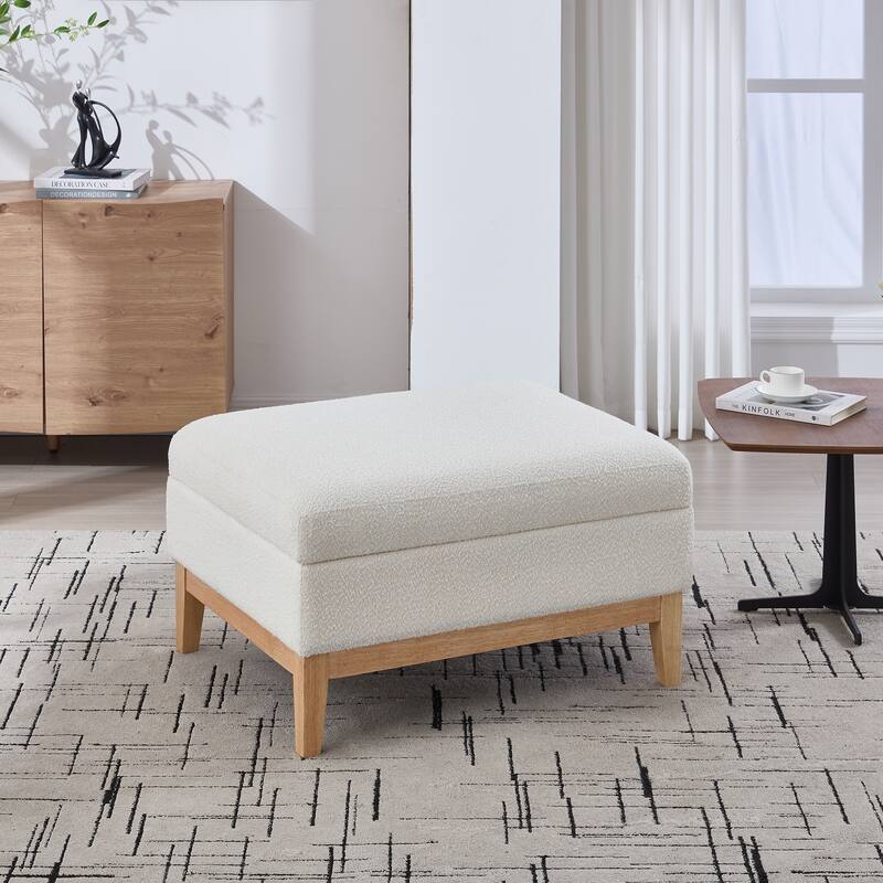 Upholstered Storage Ottoman with Reversible Lid, Square Storage Coffee Table with Rubberwood Legs, Boucle Footstool