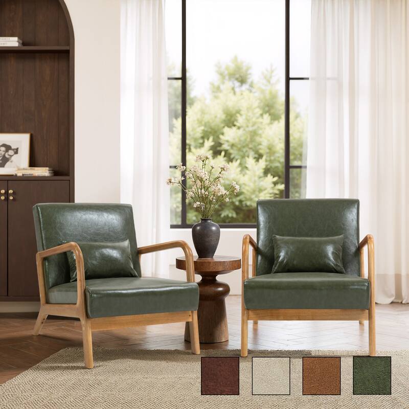 2 Set Mid-Century Modern Faux Leather Accent Chairs with Cushion