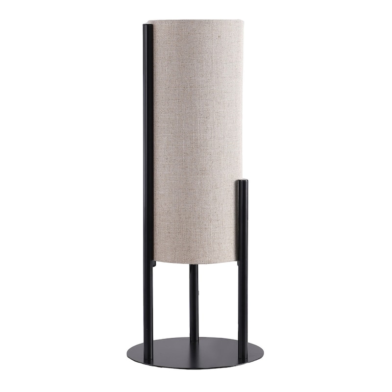 Modern Table Lamp, Upright Beige Linen Drum Shade, Black Metal 22 Inch