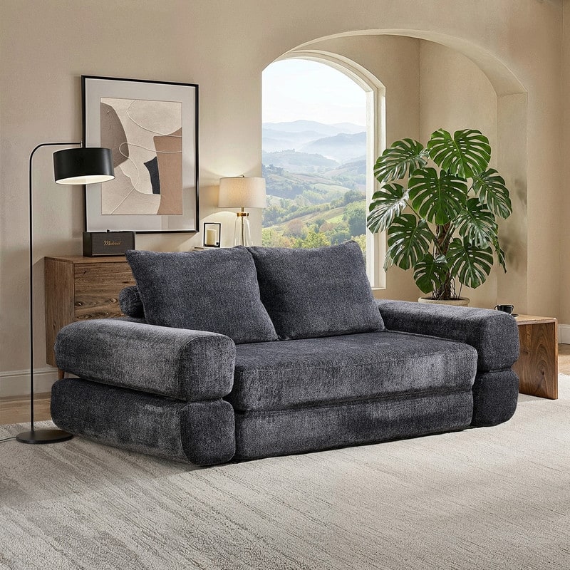 Modern Chenille Convertible Sofa Bed Queen Size Split Back Design - Grey