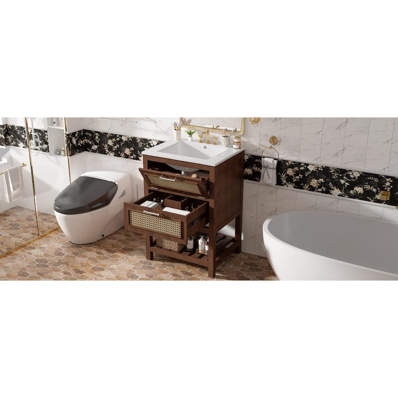24"Bathroom Vanity with Integrated Ceramic Sink,Bathroom Cabinet with 1 Deep Drawer,1 Tip-Out Drawer,Single Sink Bathroom Vanity