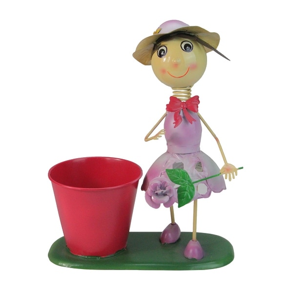 13" Red and Purple Girl with Flower Spring Outdoor Planter - N/A