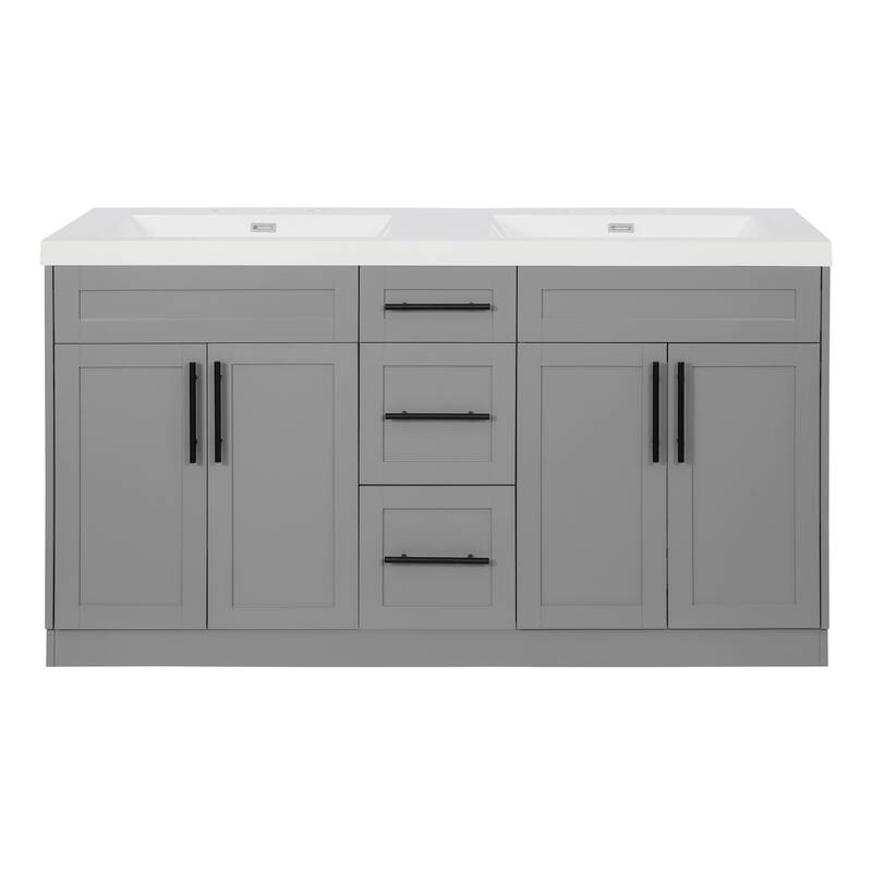 59" Double Sink Bathroom Vanity with SMC Top, Solid Wood Frame & Soft Close Doors, Gray Storage Cabinet