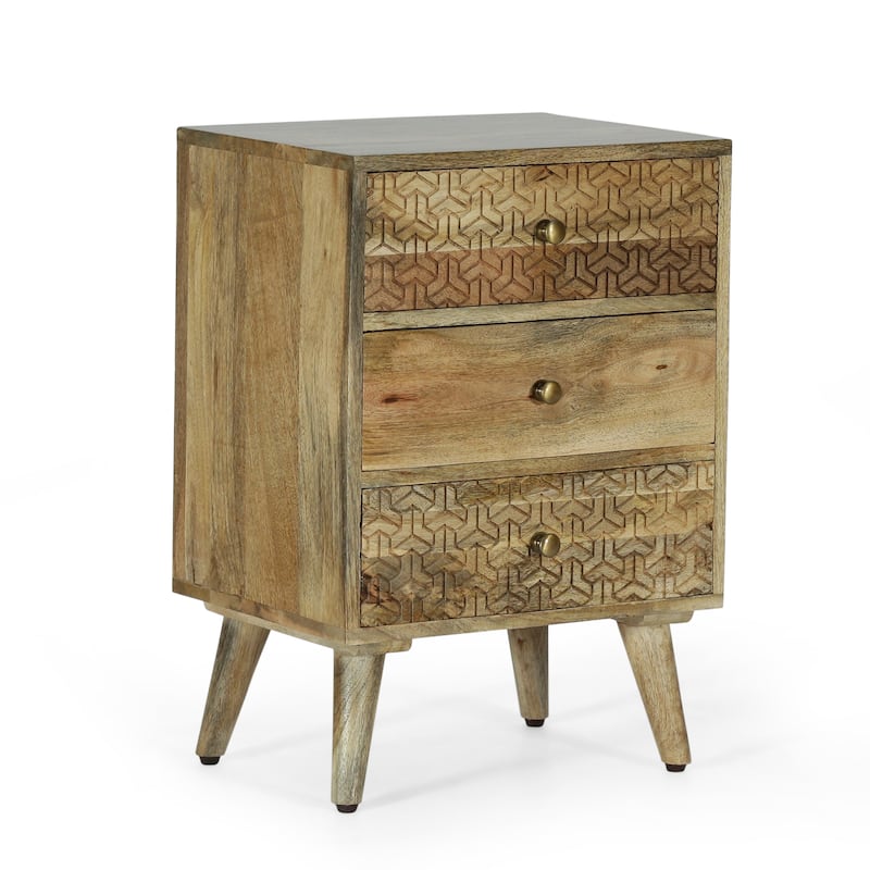 Roomfitters 3-Drawer Carved Wood Bedside Table, Boho Accent Nightstand with Geometric Pattern Fronts, Natural