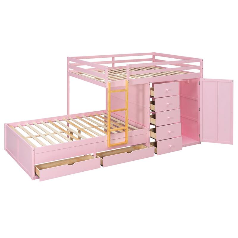 Kids Bed Frame Full Over Full Bunk Bed with Drawers and Wardrobe