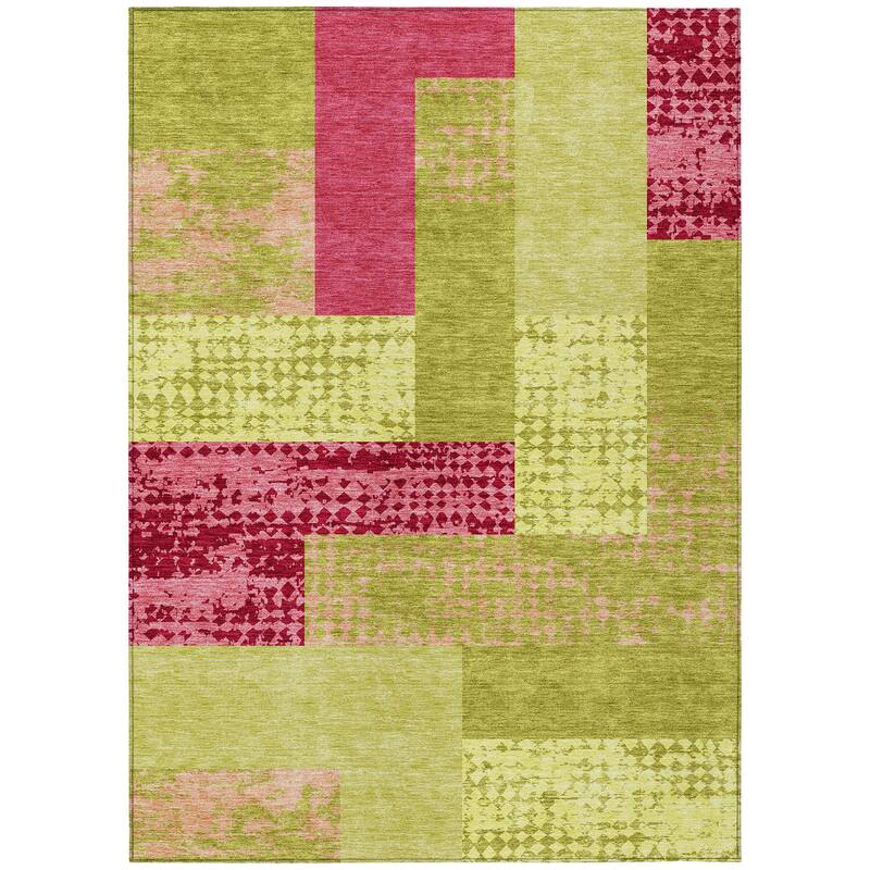 Machine Washable Indoor/ Outdoor Modern Blocks Chantille Rug