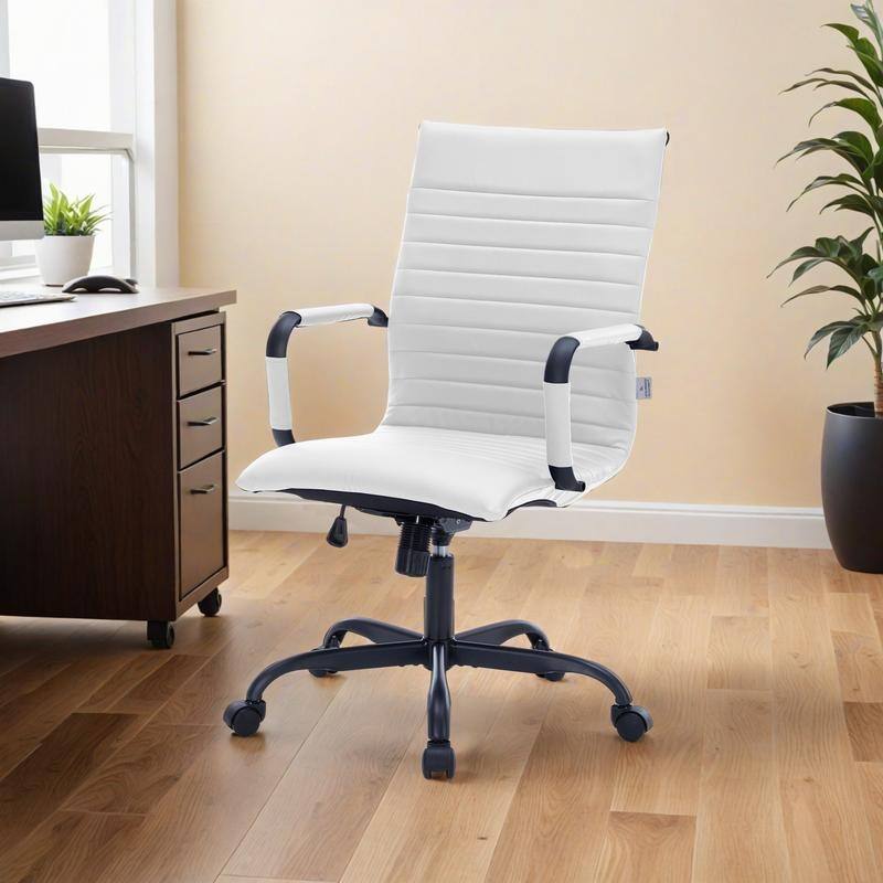 Harris Ribbed Leather Adjustable High-Back Desk Computer Swivel Office Chair in Black Metal Frame for Home Conference