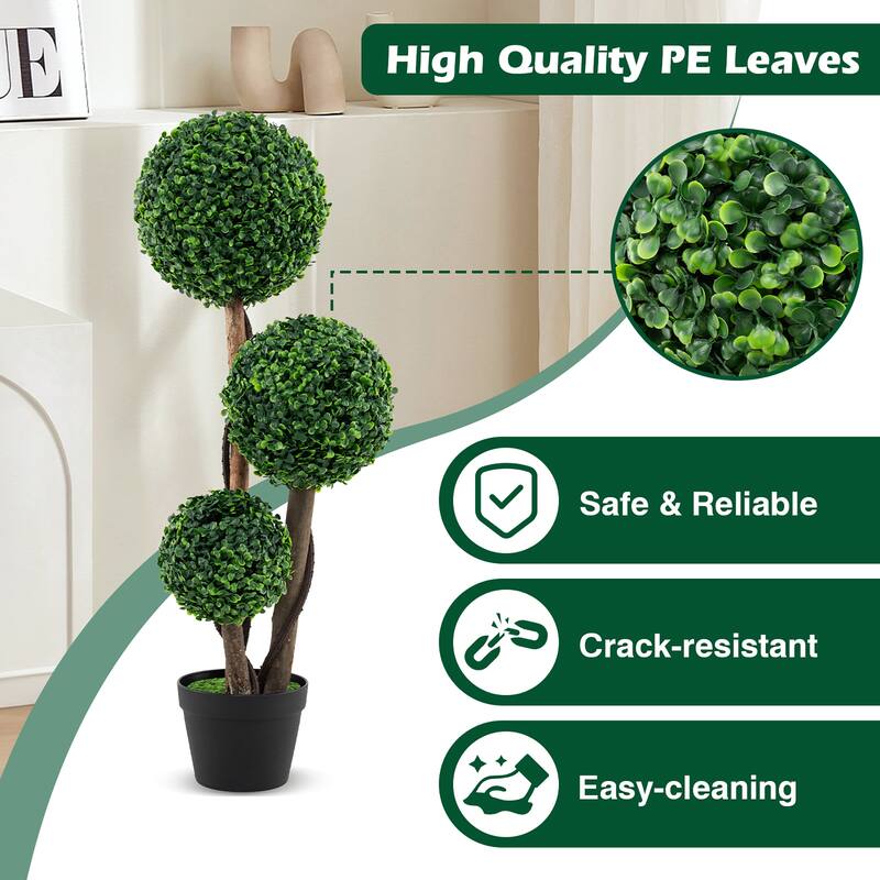 Gymax 36'' Faux Potted Plant w/3 Topiary Balls Solid Wood Trunks Mimic